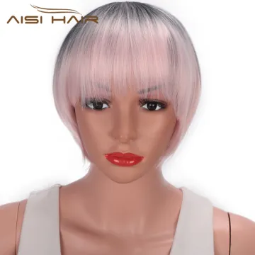 Aisi Hair High Temperature Fiber Straight Short Bob Wigs Ombre Pink Short Bob Wigs with Neat Bangs Cosplay Short Bob Wigs