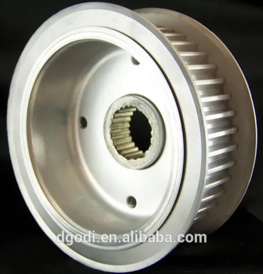 Aluminum precision polychain timing belt pulley used to drive brake rotor mounting hub