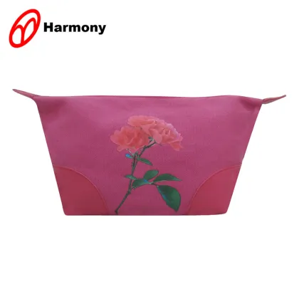 Pink flower printed zipper pouch canvas makeup bag cosemtic
