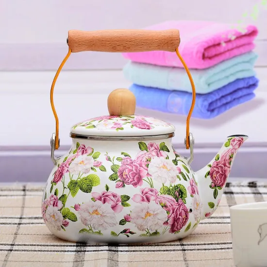 2L Top Quality Full Printing Decals Enamel Kettle/Teapot with Wooden Handle
