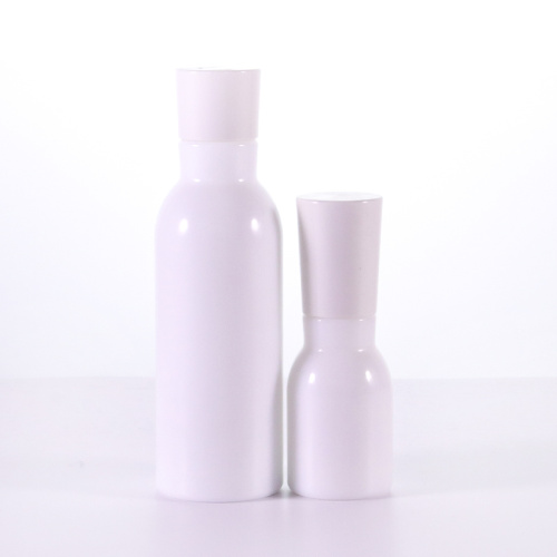 Opal white shaped glass bottle with white pumps