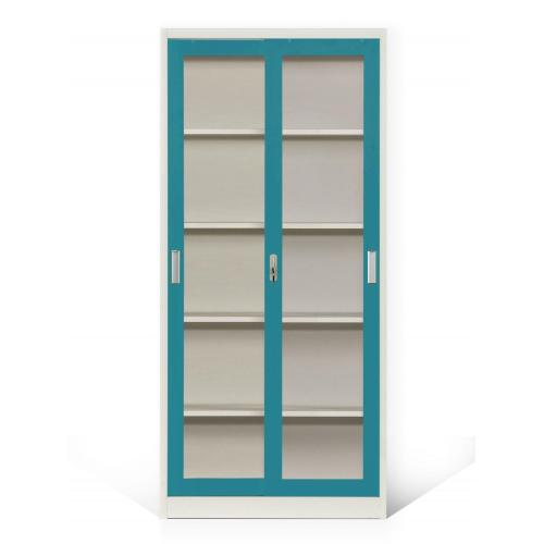 Armoire en acier claire avec portes coulissantes transparentes