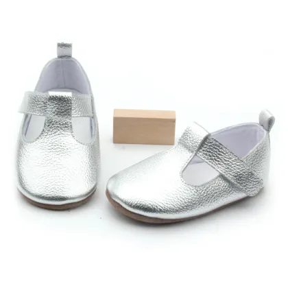 Wholesale Baby Silver Genuine Leather T-Bar Shoes Children Casual Shoes