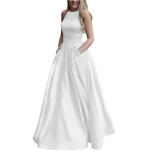  Princess Dress Women's Long Beaded Halter Satin Prom Dress Supplier