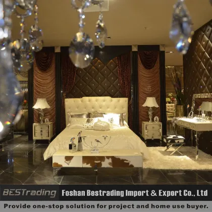 pearl white genuine leather double bed with crystal