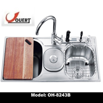 OH-8243B OUERT Modern&Multifuncational Stainless Steel Triple Sink with Trash Can
