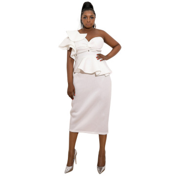 One Shoulder White Ruffled Plus Size Midi Dress