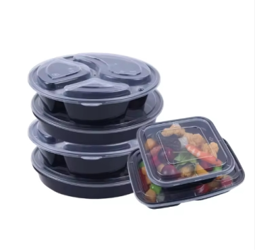 3 Compartment Black Plastic Containers with Lid forDisposable To-Go Food Packaging