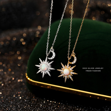 925 Sterling Silver Celestial Jewelry: Starburst Pendant Necklace with White Opal, Moon, Sun, and Crystal Stars - Customizable Birthstone