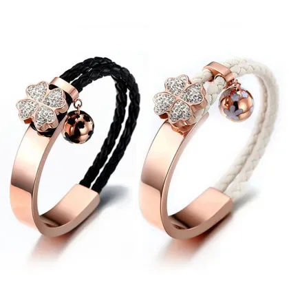 Leather swarovski crystal four leaf clover bracelet