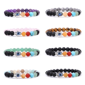 Gemstone 8mm Round Beads with 7 Chakra Healing Bracelet Natural Stone Evil Eye Chakra Elastic Stretch Bracelet Bangles
