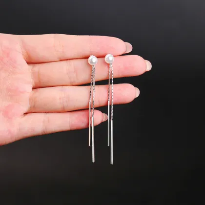 Metallic Pearl Long Straight Tassel Earrings