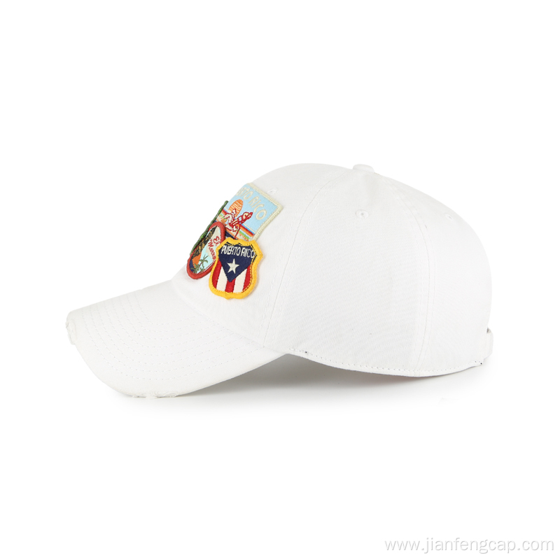 Patches and destoried birm white baseball cap