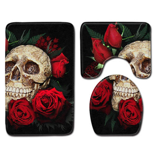 Nordic 3D Skull Rose Toilet Bath Mat Carpet Rug Sets Bathroom Shower Room Carpets Flannel Anti Slip 3 Pieces Bath Mat Sets