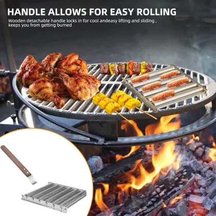 BBQ tool 6 section brat griller Metal Spatula with long wooden handle sausage roller rack stainless steel hot dog grill roller