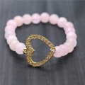 Pulsera de piedras preciosas elásticas de cuarzo rosa de 8 mm de cuarzo rosa con pieza de corazón de aleación Diamante