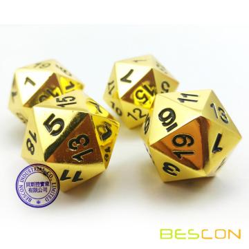 Set of 4 Deluxe Golden Solid Metal 20 Sides Dice D20 Gold Metallic Polyhedral Dice