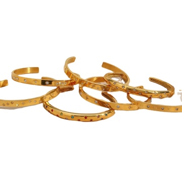 Radiant Moon and Star Cuff Bangle: A Stylish 18K Gold Plated Zircon Crystal Bracelet for Women