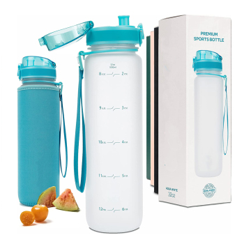 Motivational 1 Liter Portable Sports Water Bottle with Fruit Infuser - Frosted Plastic Tritan