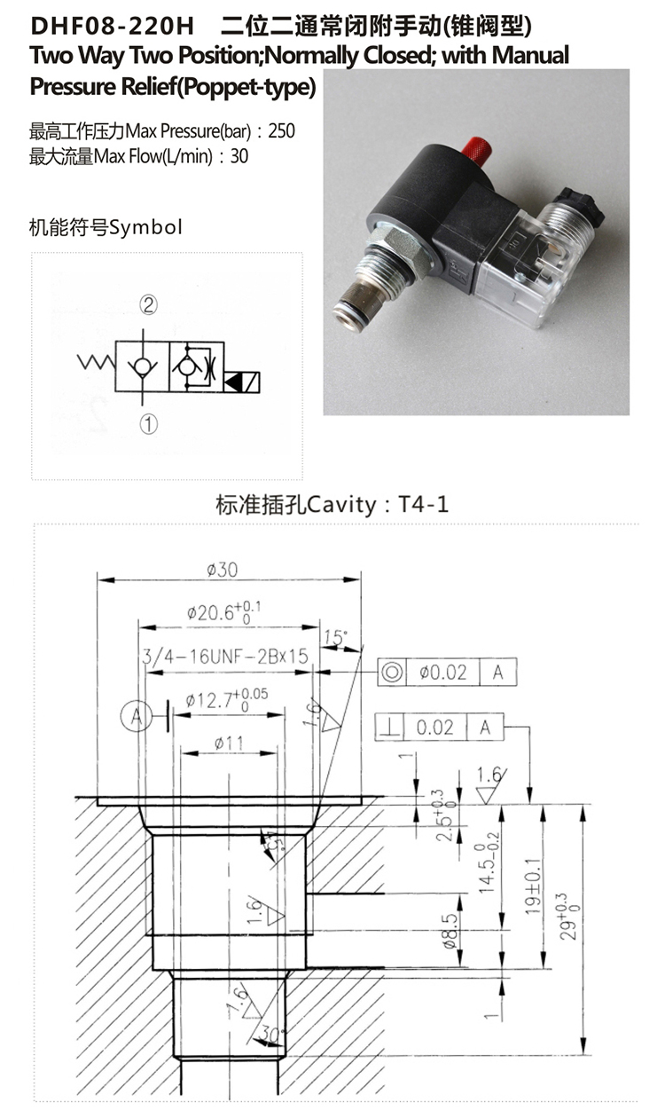 Électrovanne Hydraulique à Cartouche 2/2 Poppet 12VDC - Normal Fermé, Perfect Hydraulic