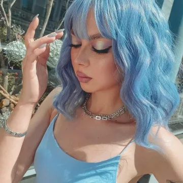 Short Natural Wave Light Blue  Water Wave Synthetic Wig For Women With Flat Bangs with factory price fiber wig synthetic hair