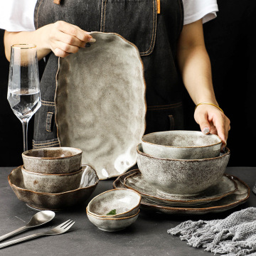 Retro Japanese Stone Grain Pottery Pasta Salad Bowl Dinner Sets