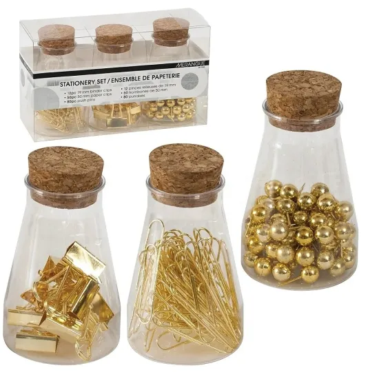 Office School Gold 3 Jar Set with Push Pins, Paper Clips, and Binder Clips