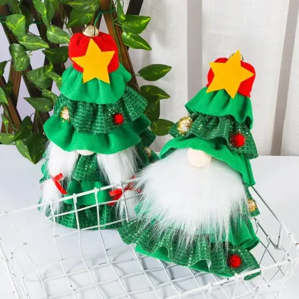 Christmas Skirt Tree: Unique Decorations Featuring a Green Tree, Faceless Old Man, Stars, and a Doll