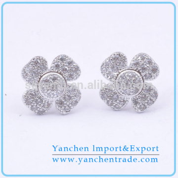 Micro Pave Setting CZ Diamond Flower Earring Wholesale with Rhodium Plated