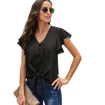 V-neck Short-sleeved Knotted Pullover Top Blouse