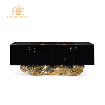 Black Gloss Cabinets with Brass Base and Black Glass Shelves