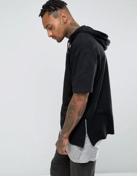 Hot Sale Custom Dropped shoulders Short Sleeve Side Zip With Hood Black Men's 100% Cotton Casual Oversized Pullover Hoodies