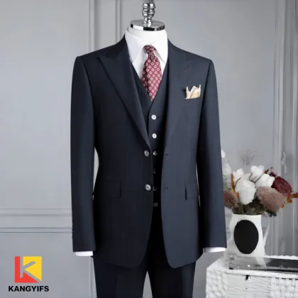 Elegant Navy Pinstripe Three-Piece Formal Suit