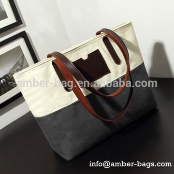China Manufacture Two-color stitch cotton canvas tote bag with leather handle(91019)