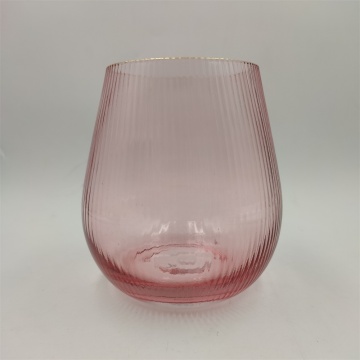 Hand Blown Pink Colored Glass Vase With Gold Rim