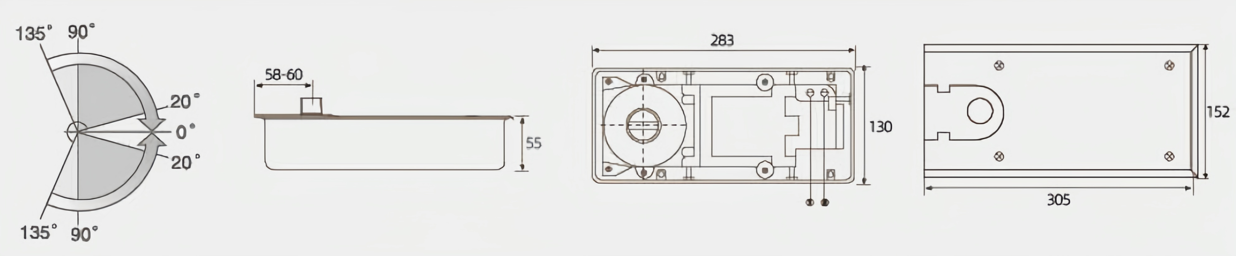 Dimensional drawing of hydraulic floor spring door closer for glass doors