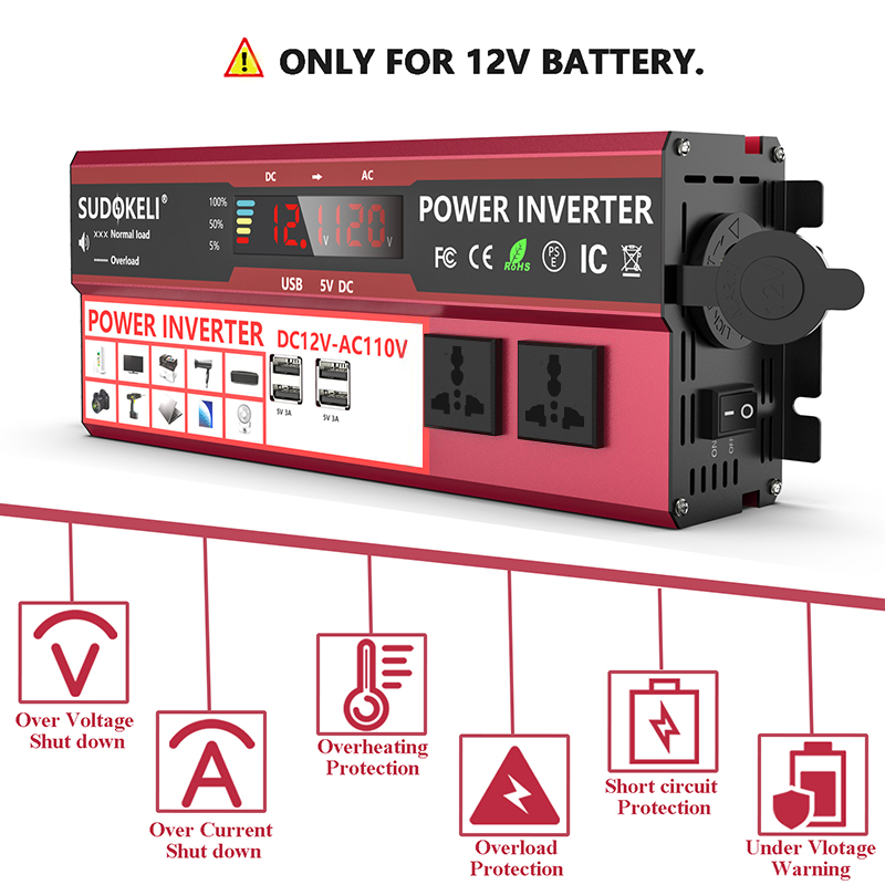 LCD display inverter DC 12v/24v to AC 110V/220V 2000W Modified Sine Wave inverter 4 USB car Transformer Convert US socket