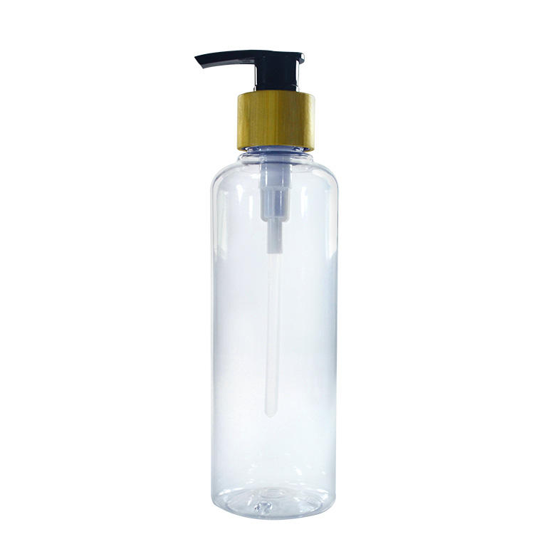 Spray plastic bottle with bamboo pump lotion cap