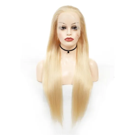613 Blond color Double Drawn Peruvian Virgin human hair wig Vendor Pre plucked Straight Lace Front Wig