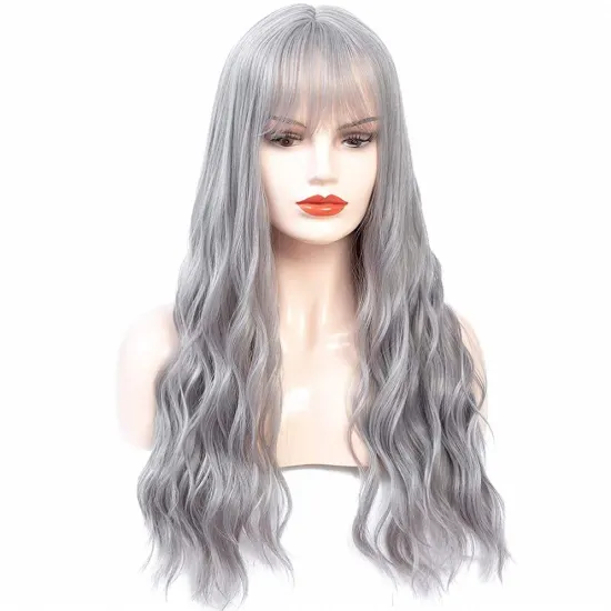MYZYR 28 inch l Heat Resistant grey high quality cosplay body synthetic Long Wavy Wig With Air Bangs Silky Full
