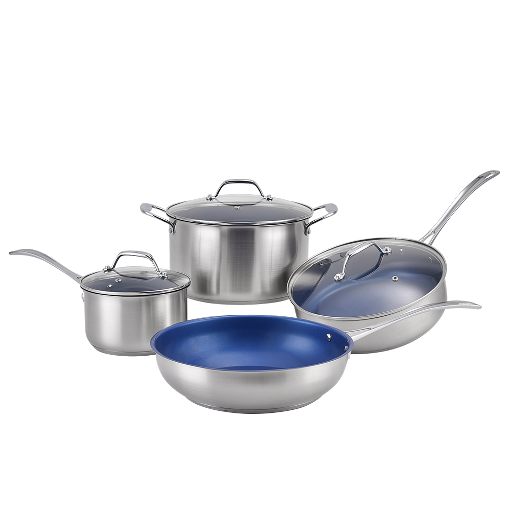 Inside blue color stainless kitchenware food cooking pot