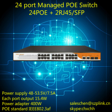 24port managed poe switch with 400w internal power 2sfp/rj45 port