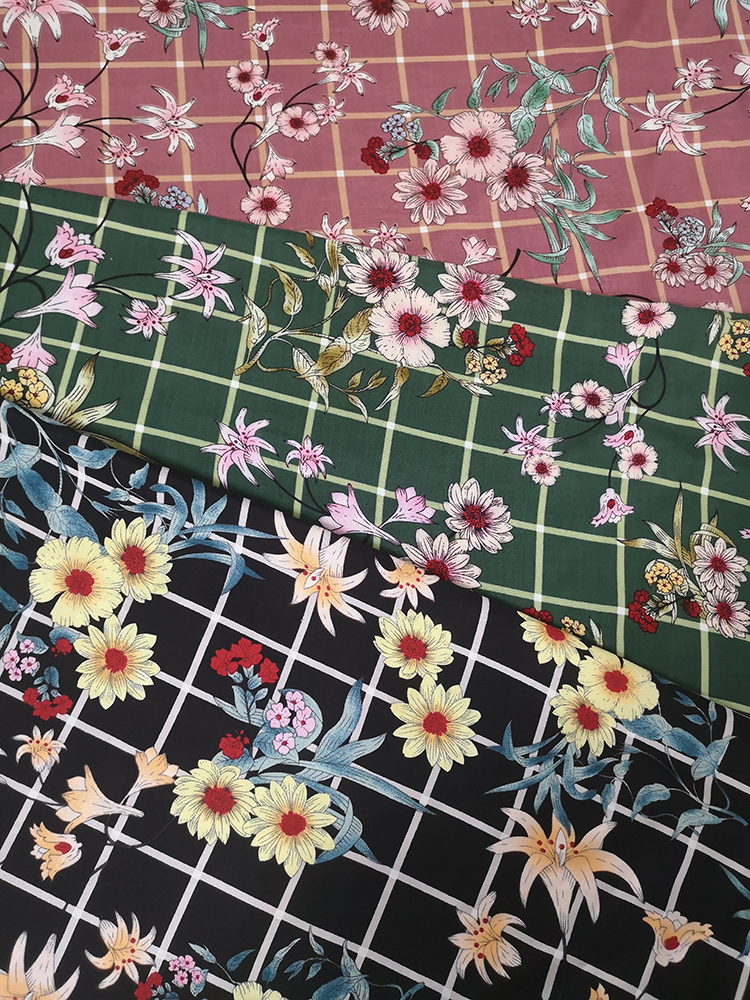 Check Flower Rayon Challis 30S Air-jet Printing Fabric