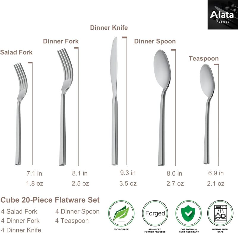 Alata Cube 20-Piece Forged Silverware Set Stainless Steel Flatware Set