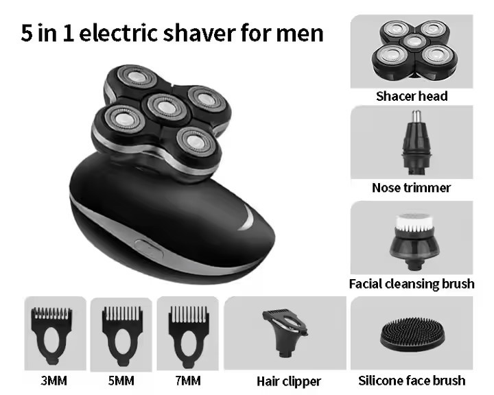C&C Portable 5 Heads Mens Bald Nose Barber Hair Razor Rechargeable 5In1 Mini Waterproof Cordless Electric Beard Shavers for Men