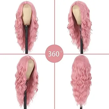 Natural Looking Pink 26-inch Long Wavy Middle Part Curly Wig - Heat Resistant Synthetic Hair for Women's Daily Use