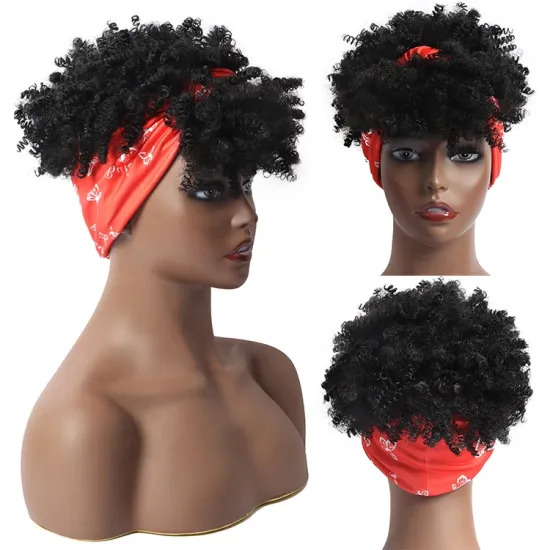Afro Kinky Curly Hair Banged Headband Wig Short Kinky Curly Headband Wig Afro Puff Head-Wrap Wigs