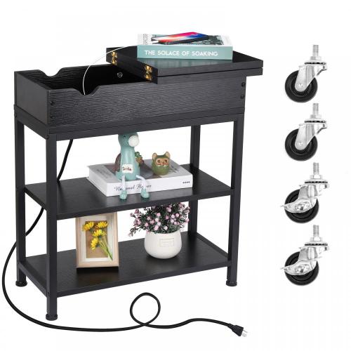 Black Bedroom Bedside Nightstand with Charging Ports