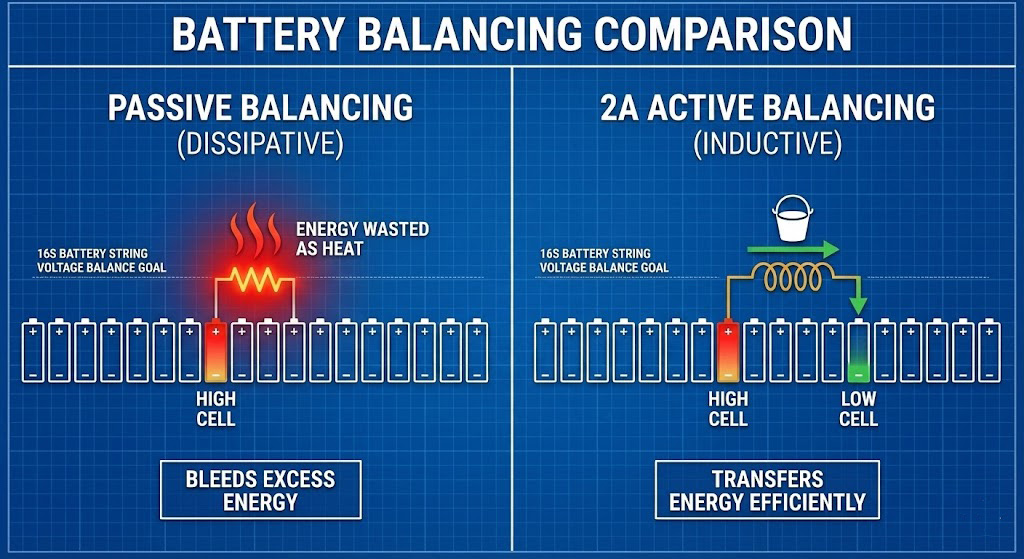Comparison between passive balancing and 2A active balancing BMS: Passive balancing wastes energy as heat in high cells, while JBD active balancing redistributes charge to low cells via inductive transfer.