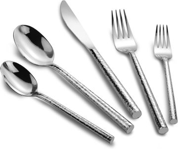 18/10 Stainless Steel Flatware Set Hand Forged Silverware Set Cutlery Set Round Hammered Handle Mirror Finished Heavy Duty 20 Pi